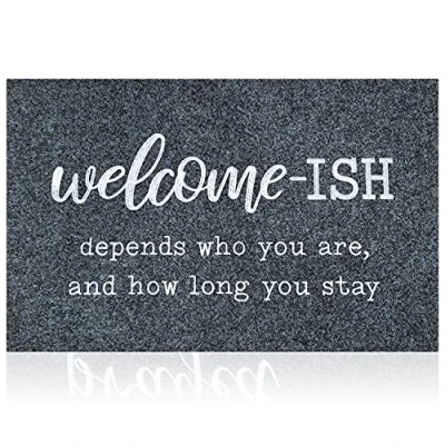 Abbildung von JJUUYOU Willkommensmatten für Haustür Outdoor Grau Welcome Ish Depends Who You Are and How Long Stay Fußmatte mit rutschfesten Gummi Teppichen, Dekor Zuhause, Bauernhaus, Balkon, Terrasse, 70