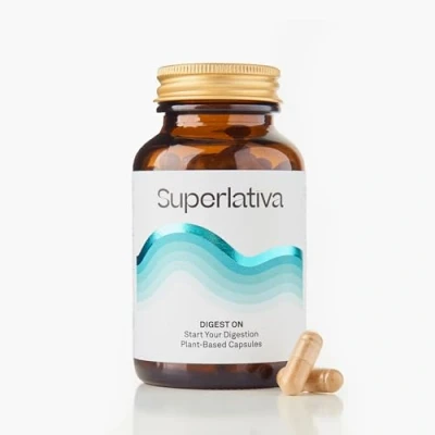 Abbildung von Digest ON Reduce la hinchazón, gases y acidez estomacal Favorece las digestiones Cápsulas de acción rápida Suplemento natural con adaptógenos enzimas digestivas
