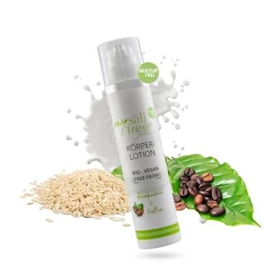 Abbildung von mysalifree BIO KÖRPERLOTION, beruhigende, straffende Body Lotion für sensible Haut mit Reiskeimöl + Kaffeeextrakt, 100ml, weltweit einzigartig, VEGAN FREE FROM