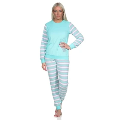 Abbildung von Normann Geringelter Damen Frottee Schlafanzug Langarm Pyjama mit Eiskristall, Farbe:Mint, Größe:44 46