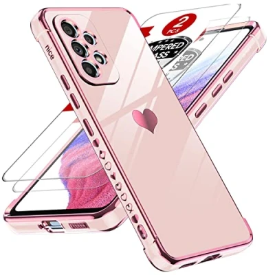 Abbildung von LeYi Hülle für Samsung Galaxy A53 5G Handyhülle mit 2 Stück Schutzfolie, Cute Herz Muster TPU Silikon Galvanik Schutzhülle Cover Case Mädchen, Kameraschutz und Bildschirmschutz, Rosa