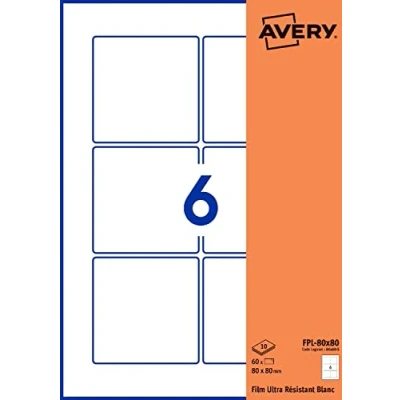 Abbildung von Avery Packung mit 60 selbstklebenden Etiketten, quadratisch, Polyesterfolie, weiß, Format 80 x mm, personalisierbar und bedruckbar Laser Kopierer (FPL 80.Fr)
