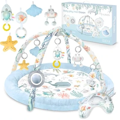 Abbildung von Nukido Spieldecke Mit Spielbogen Baby Spielmatte Babyspieldecke Krabbeldecke 7 Spielzeuge Und Kissen Weich Pflegeleicht Ocean Blau