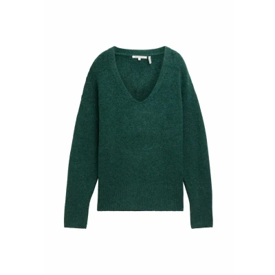 Abbildung von TOM TAILOR Denim Damen Cosy Strickpullover mit V Ausschnitt, 10592 Midnight Forest Green Mélange, XS