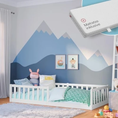 Abbildung von Bellabino Kinderbett Vere (weiß, auch verfügbar in 80x160, 120x200 und 140x200 cm), Bodenbett 90x200 cm mit Matratze, aus Kiefer Massivholz