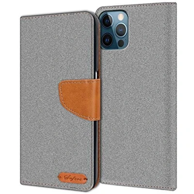 Abbildung von Verco kompatibel mit Apple iPhone 12 Pro Max Hülle, Schutzhülle für Tasche Denim Textil Book Case Flip (6,7 Zoll) Klapphülle, Grau