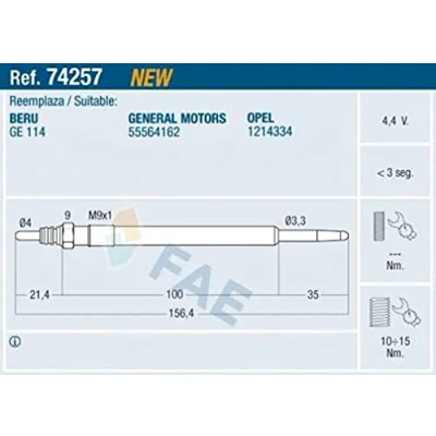 Abbildung von FAE 74257 Glühkerze 4,4V M 9x1 OPEL: Astra J Schrägheck, Insignia A Limousine