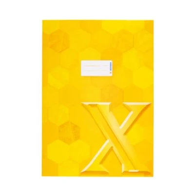 Abbildung von HERMA 20081 Heftumschlag A4 Karton Gelb, 10 Stück, veredelte Hefthülle mit Beschriftungsfeld aus stabilem &amp; extra starkem Papier, Heftschoner Hexagon Muster Motiv für Schulhefte, farbig