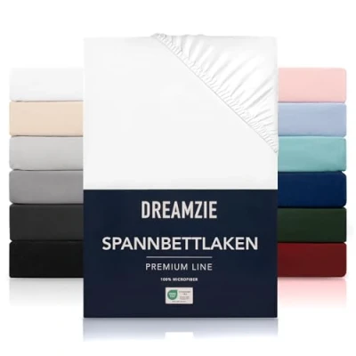 Abbildung von Dreamzie Spannbetttlaken 180x200 cm Hoher Steg bis 33 100% Mikrofaser Weiß Schadstoffgeprüft (Oeko TEX), Bettlaken mit Gummizug