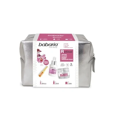 Abbildung von Babaria Ritual Retinol Kulturbeutel, Rutine mit Ampullen 2 ml, Serum 30 ml und Anti Falten Creme 50 Retinol, Vitamin A Hyaluronsäure, Flecken Wirkung