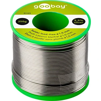 Abbildung von Goobay 51123 Lötzinn bleifrei ø 1mm Lötdraht mit Flussmittel, 3.5 % Silber &amp; 0.7 Kupfer, 217 C Schmelzpunkt, Löt Zinn bleifreies Löten, 250g
