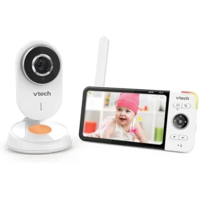 Abbildung von VTech BM818 Video Babyphone Wide View HD Display 5 Zoll (12,7 cm) Ultra Flach Nachtlicht und Wiegenlieder 720p Version FR, weiß