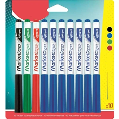 Abbildung von Maped Box mit 10 trocken abwischbaren Marker&#039;Peps Filzstiften, mittlere Spitze 1,5 mm Farben: Blau x 7, Schwarz 1, Rot 1 und Grün