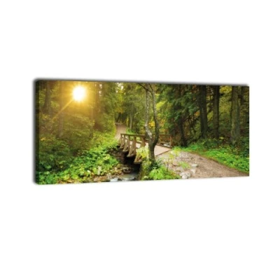 Abbildung von wandmotiv24 Leinwandbild Panorama Nr. 326 Waldweg mit Bach 100x40cm, Keilrahmenbild, Bild auf Leinwand, Natur Fluss Landschaft