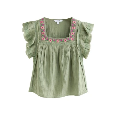 Abbildung von Next Regular FIT SOFT Short Sleeve Embroidered Square NECK Top, Damen, Größe: 44, Khaki green