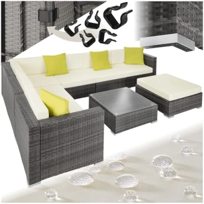 Abbildung von tectake® Poly Rattan Lounge, Garten Loungemöbel Set für 6 Personen, große Sitzgruppe mit L Form Sofa und Esstisch Outdoor, Gartenmöbel wetterfest, Terrassenmöbel inkl. Hocker Kissen grau