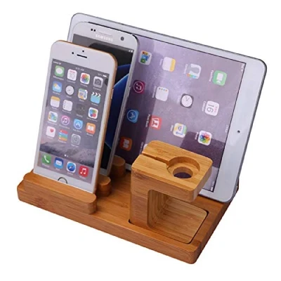 Abbildung von B25CS Bambus Ladestation und Desktop Organizer Multi Geräte Dock mit Uhrenständer, kompatibel Handy, Tablet, Watch Pods