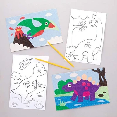 Abbildung von Baker Ross Sandkunstbilder „Dinosaurier“ (8 Stück) für Kinder zum Verzieren und als Dekoidee, Weiß, Mittel
