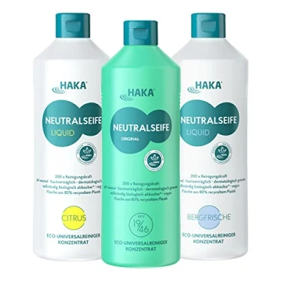 Abbildung von HAKA Neutralseife 3er Set, Allzweckreiniger, Universalreiniger für den Haushalt und Auto, pH neutrales Reinigungsmittel, Konzentrat, Frischeduft, 3x 1L