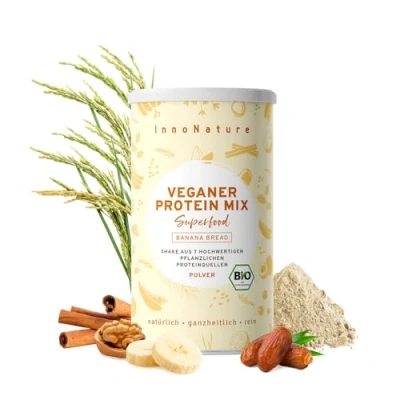 Abbildung von InnoNature Bio Banana Bread Protein Mix I mit 8 pflanzlichen Proteinquellen und gerösteten Haselnüssen, Datteln Zimt 450g Vegan &amp; ohne künstliche Süßungsmittel
