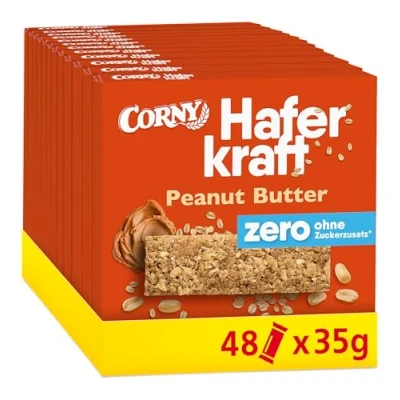 Abbildung von Haferriegel Corny Haferkraft Zero Peanut Butter, ohne Zuckerzusatz, 134 kcal pro Riegel, vegan, 48x35g