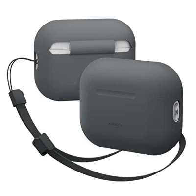 Abbildung von elago Silikonhülle Kompatibel mit Apple AirPods Pro 2. Generation Case, Inklusive Riemen, Front LED sichtbar, Unterstützt Kabelloses Aufladen (Dunkelgrau)
