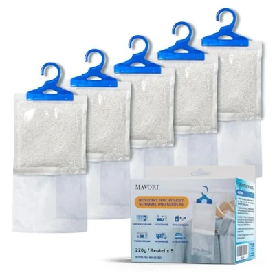Abbildung von MAVORI 5er Set XL Luftentfeuchter zum Aufhängen I Beutel Entfeuchter Schrank und Feuchtigkeitsabsorber für Räume gegen Feuchtigkeit, Schimmel Gerüche bis zu 500ml je