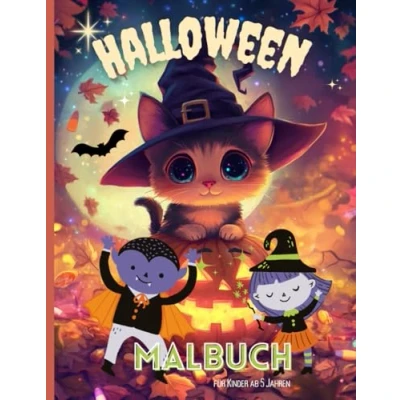 Abbildung von Halloween Malbuch für Kinder ab 5 Jahren: 50 süße und lustige Malvorlagen Mädchen Jungen Katzen, Kürbisse, Hexen, Geister, Monster Großformat A4