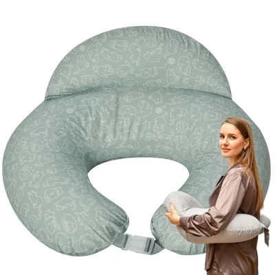 Abbildung von sei Design Stillkissen klein Baby Stillhörnchen mit abnehmbaren Stillkissenbezug aus 100% Baumwolle Stillmond Mond Lagerungskissen, Erstausstattung (niedliche Kätzchen Mint)