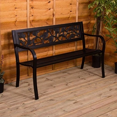 Abbildung von Garden Vida Home Discount aus Stahl, Rosen Design 3 Sitzer Außenbereich Möbel Möbelstück Sitzmöglichkeiten Park Innenhof Terrasse Sitz 333768 Schwarz