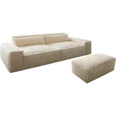 Abbildung von Big Sofa Sirpio XL 270x130 cm Plüschcord Beige mit Hocker