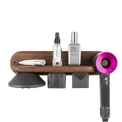 Abbildung von TentHome Haartrocknerhalter Magnetische Aufhänger Haartrockner Wandhalterung für Dyson Supersonic, Diffusor und Zwei Düsen, Kabelsteckerhalter Netzstecker Schnurhalter (Large, Walnussholz)
