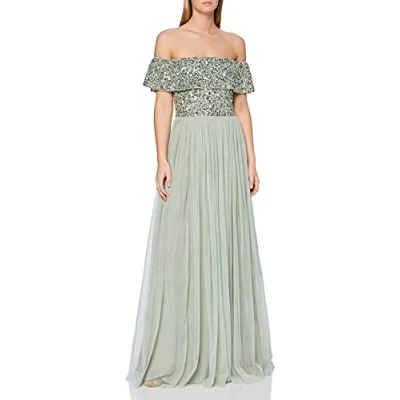 Abbildung von Maya Deluxe Damen Ladies Bardot Dress Women Maxi Embellished Hight Empire Waist Sleeveless Tulle for Wedding Guest Prom Graduation Brautjungfernkleid, Green Lily, 24