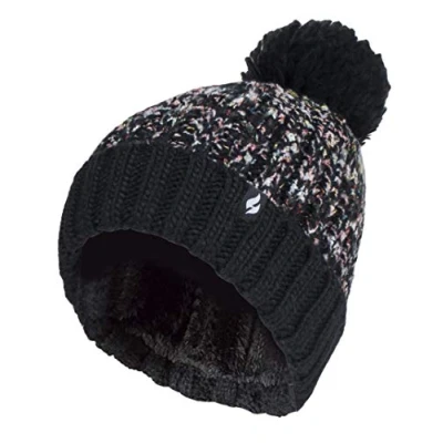 Abbildung von HEAT HOLDERS Damen Elegant Strickmütze Gefüttert Groß Beanie mit Bommel und Fleecefutter (Einheitsgröße, Schwarz)