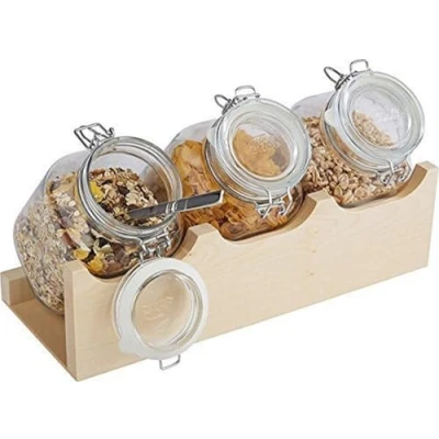 Abbildung von APS 13965 Buffet Ständer GOOD MORNING, 43 x 17 cm, H: 13,5 Ahorn, massiv, 4 teiliges Set: 1 Holzständer und 3 Gläser
