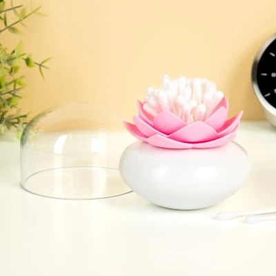 Abbildung von Qualy Design Wattestäbchenspender Lotus Blume, (Wattestäbchenhalter, hygienisch und dekorativ, 1 tlg., Kunststoff, ca. Ø 8 x cm), Watte Stab Behälter Bad WC Weiß Schwarz