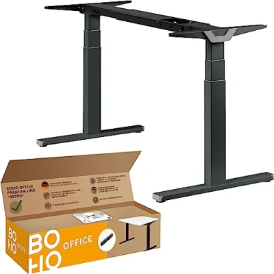 Abbildung von boho office® Höhenverstellbarer Schreibtisch Gestell Made in Germany, Elektrisch stufenlos, 2 laufruhige Motoren, 3 Fach Teleskop, Kollisionsschutz Premium Line Grau mit Retroschalter