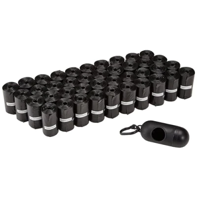 Abbildung von Amazon Basics Hundekotbeutel mit Spender und Leinenclip, Unparfümiert, 600 Beutel (40 Packungen je 15 Beuteln), Schwarz