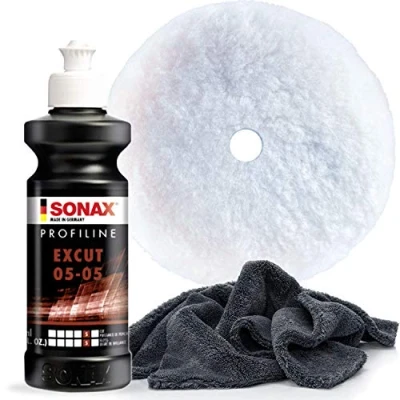Abbildung von detailmate SONAX Polituren Set (Basic 2 250ml) PROFILINE EX Cut 05/05 250ml + Hybrid Woll Pad 143 Da Edgeless Superflausch 40x40cm 550GSM