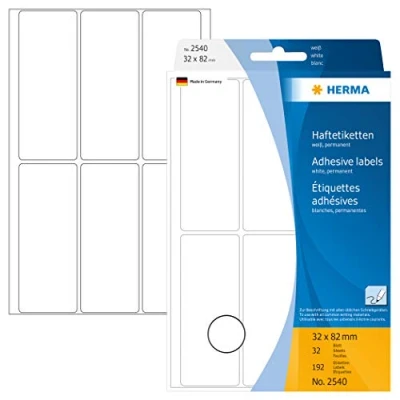Abbildung von HERMA 2540 Vielzweck Etiketten, 192 Stück, 32 x 82 mm, 6 pro Bogen, selbstklebend, Haushaltsetiketten zum Beschriften, matt, blanko Papier Klebeetiketten Aufkleber, weiß