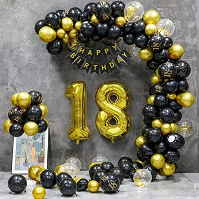 Abbildung von 18 Geburtstag Deko, Mädchen Junge, Jahre Geburtstagdeko, Happy Birthday Girlande Ballon Schwarz Gold Dekoration, Deko Konfetti Luftballons Party Mann Frauen