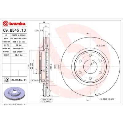 Abbildung von BREMBO COATED DISC LINE 09.B545.11 Bremsscheibe 358 34 6 innenbelüftet beschichtet