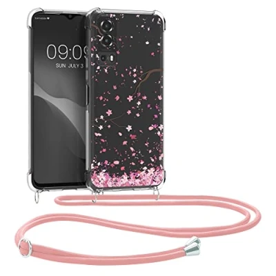 Abbildung von kwmobile Necklace Case kompatibel mit Vivo Y72 5G / Y52 Hülle Silikon Cover Handykette Rosa Dunkelbraun Transparent Kirschblütenblätter