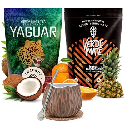 Abbildung von Set Mate Tee mit Becher tropische Geschmacksvarianten Yaguar Coconut Verde Green Frutos Tropicales Keramischer Brasilianischer 2x500g