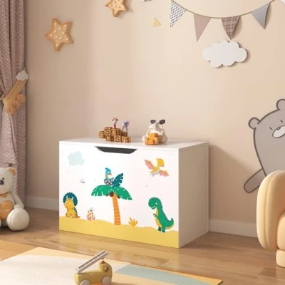Abbildung von en.casa Spielzeugtruhe, »Oleiros« Dinosaurier Motiv 40 x 60 30 cm Weiß/Grün/Gelb