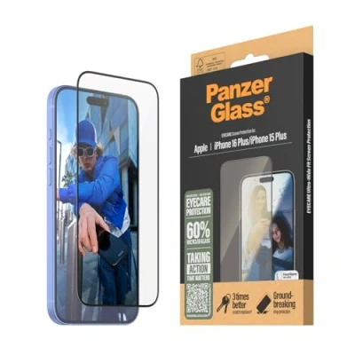 Abbildung von PanzerGlass® Eyecare Displayschutz für Apple iPhone 16 Plus, blendfrei, Blaulichtfilter, gehärtetes Glas, hohe Kratzfestigkeit, stoßfest mit Montierhilfe einfache Installation