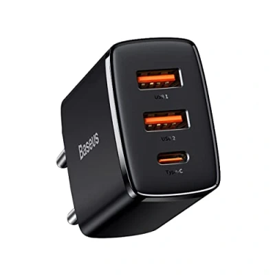 Abbildung von Baseus Compact 2U + C Netzladegerät, Netzteil, 2X USB A Typ C, 30W, Quick Charge 3.0, schwarz