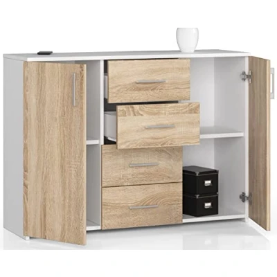 Abbildung von Kommode mit 4 Schubladen und Zwei Türen, Sideboard, Multifunktionsschrank, Wohnzimmer, Esszimmer 110x80x35cm VIELE Farbe! (Weiß/Eiche Sonoma), One size