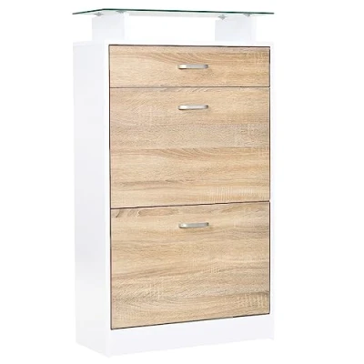 Abbildung von HOMCOM Schuhschrank Aufbewahrungsmöbel für Schuhe 2 Klapptüren Fächer, Schublade, Glasplatte Holz Eiche Weiß