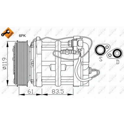 Abbildung von NRF 32108 Kompressor DKS15CH 12 PAG 100 mit Kompressoröl, Dichtring EASY FIT VOLVO: V70 I, 850 Kombi, XC70 I Cross Country